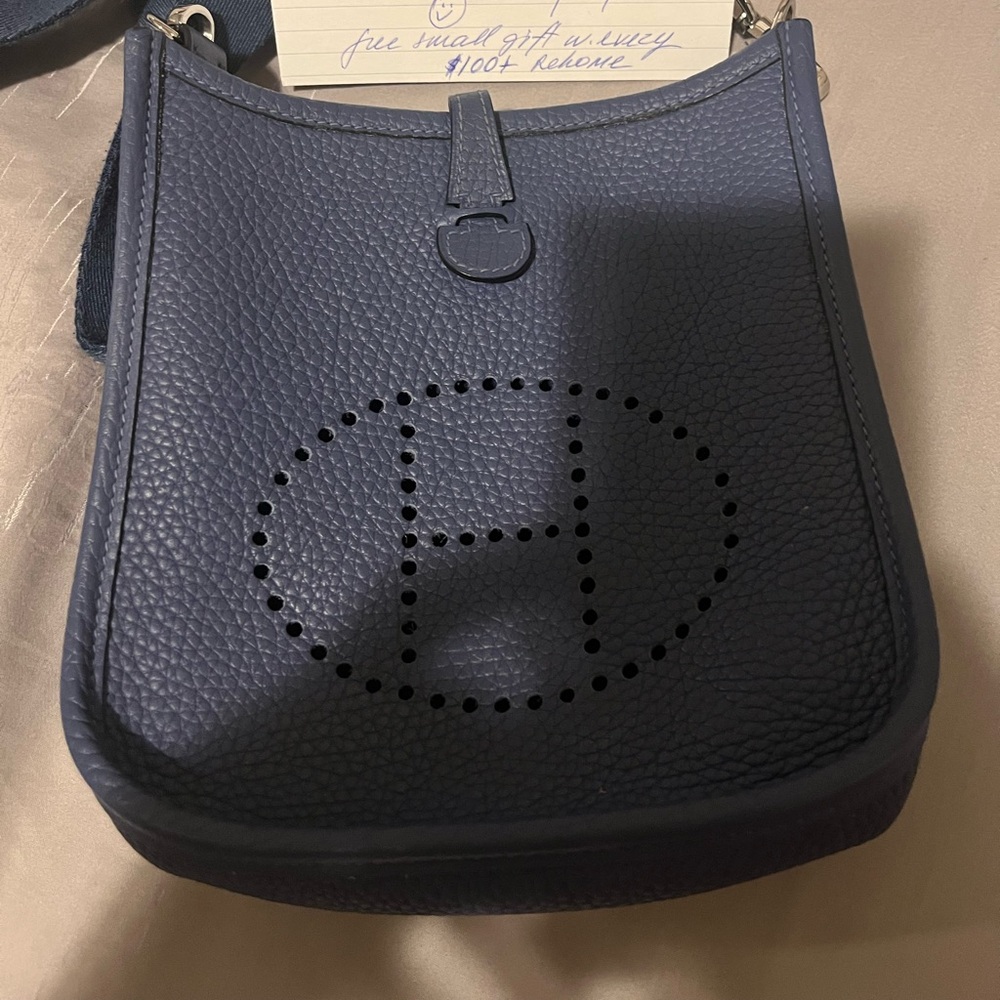 H logo TPM small crossbody satchel leather with silver hardware navy euc